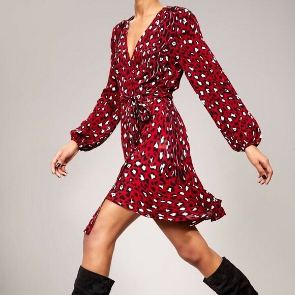 A.L.C. Michaela 100% Silk Red Cheetah Print Ballon Sleeve True Wrap Mini Dress - Picture 1 of 17